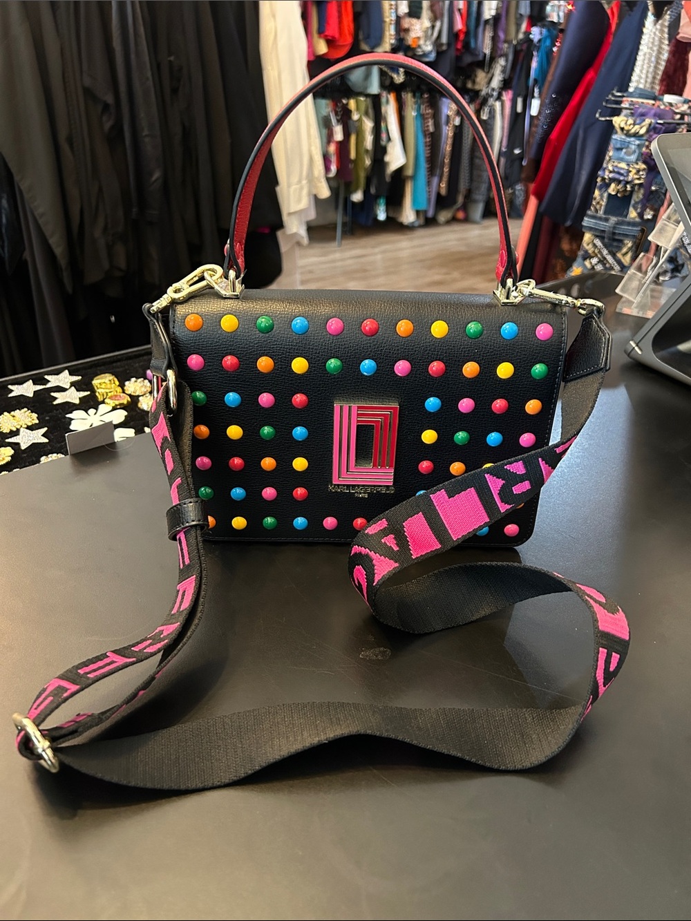 Karl Lagerfeld Black Crossbody with Multicolor Studs and Pink Strap